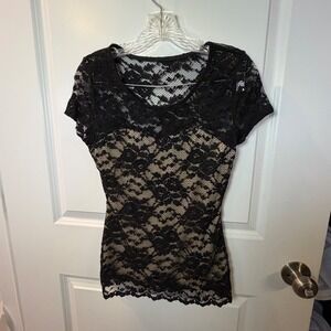 Boston Proper Women Lace Short Sleeve Scoop Neck Lined Top Black Size S